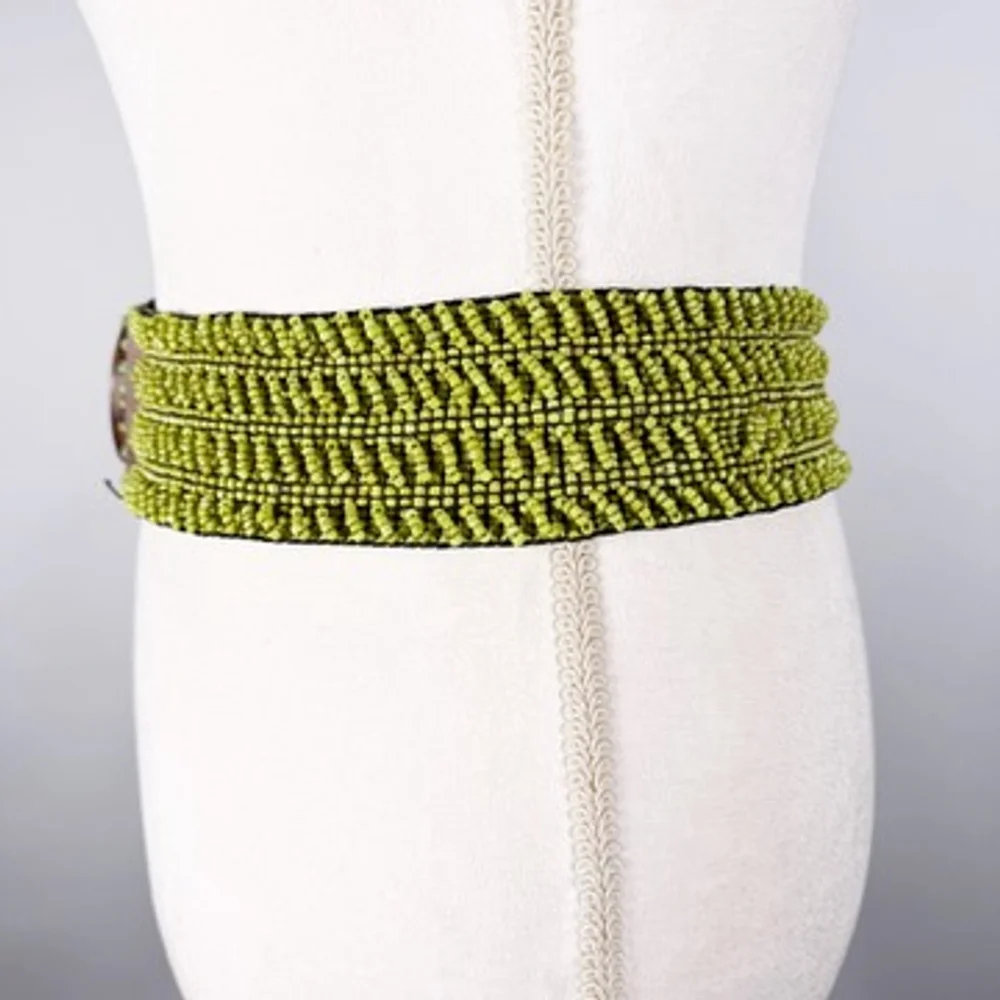 Statement Beaded Lime Green Wide Belt Wood & Mosaic Inlay Buckle Boho Size OS - Picture 4 of 9